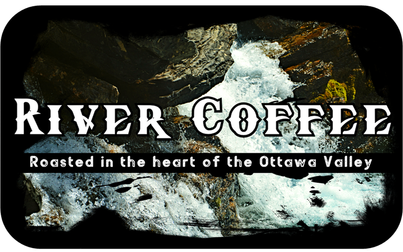 River Coffee logo with a scenic background